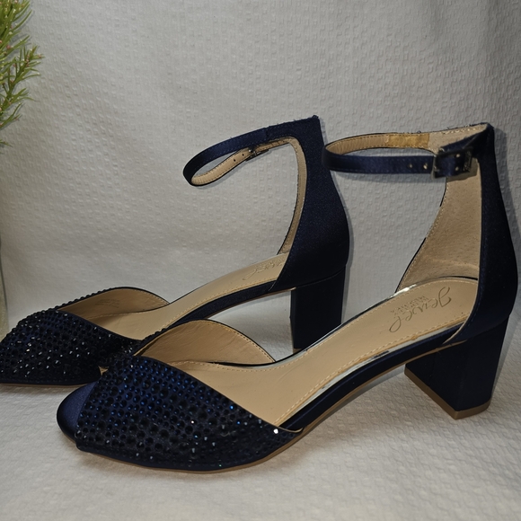 JEWEL BADGLEY MISCHKA NAVY RHINESTONE PEEP TOE ANKLE STRAP BLOCK HEEL 8 - Picture 3 of 15